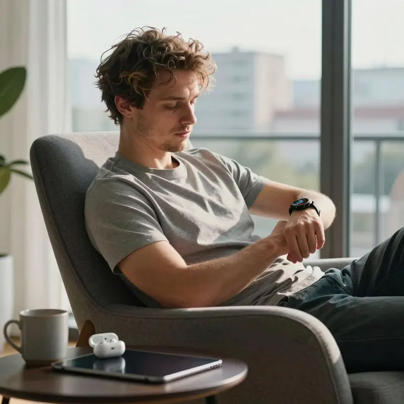 A man relaxes by a window, calmly checking his smartwatch as AI promises clearer health insights.