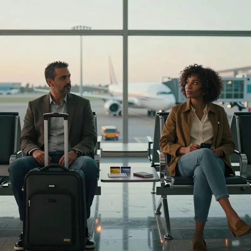 Two very different travelers wait at an airport with premium travel cards on the table.