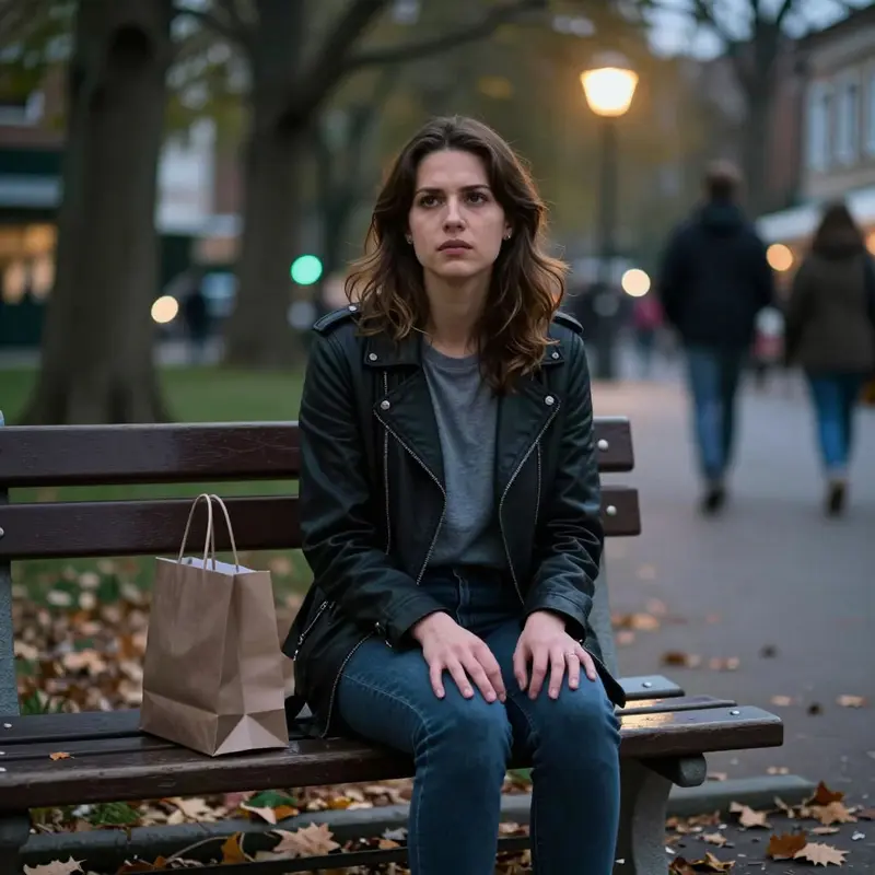 A woman sits on a park bench with a shopping bag, pausing to question whether the purchase was truly worth it.