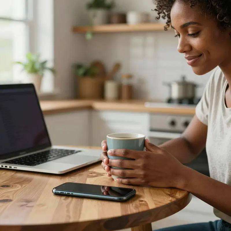 A young woman enjoys coffee at her kitchen table while calmly checking her phone nearby.