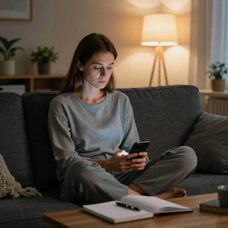 A woman relaxes on her sofa at night, phone resting in her hands as her wellness routines run quietly in the background.