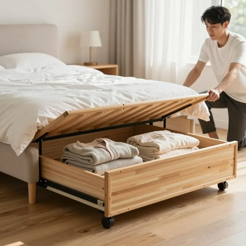 A bamboo rolling drawer under the bed adds hidden, seasonal storage in a small bedroom.