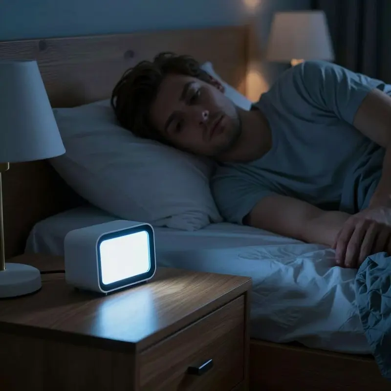 A bright smart bedside clock glows in a dark bedroom as a light sleeper lies awake.