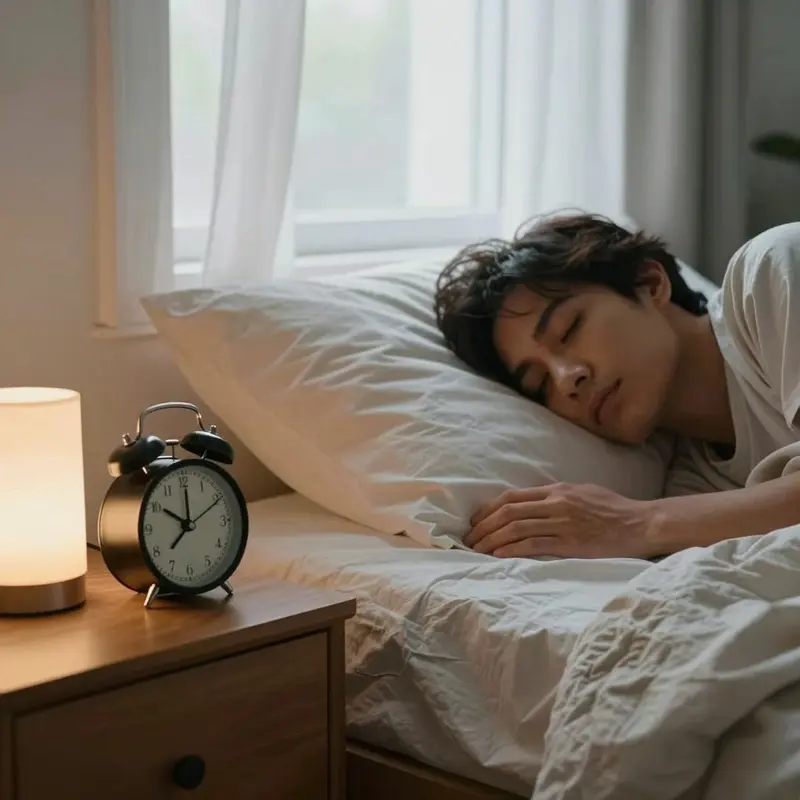 A simple analog clock and warm lamp create a calm, low-tech bedside environment at dawn.