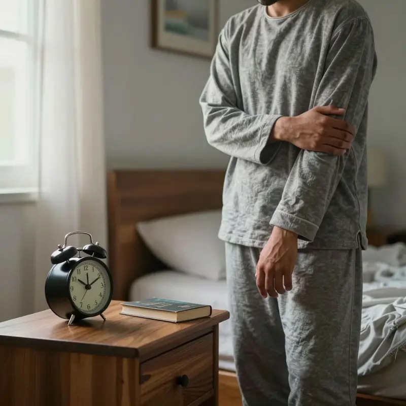 A person stands by the bed, thoughtfully considering a simple analog clock on the nightstand.