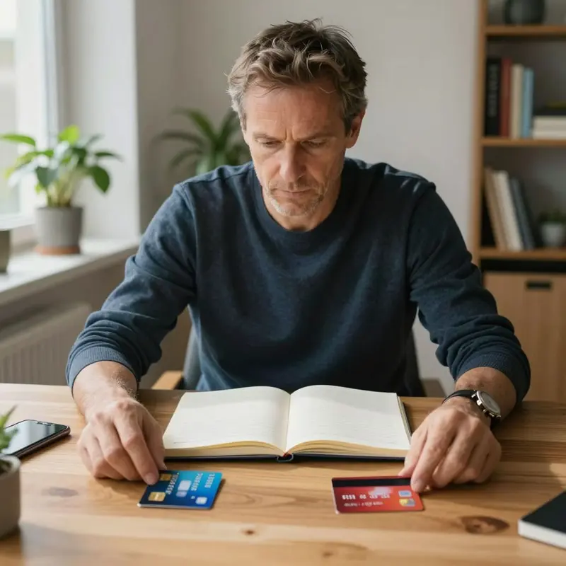 A shopper calmly compares different cards to minimize payment-related costs.