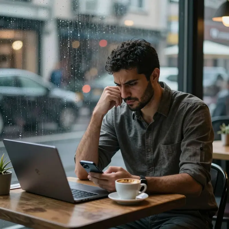 A man sits by a rainy café window, waiting as his phone and closed laptop rest in front of him.