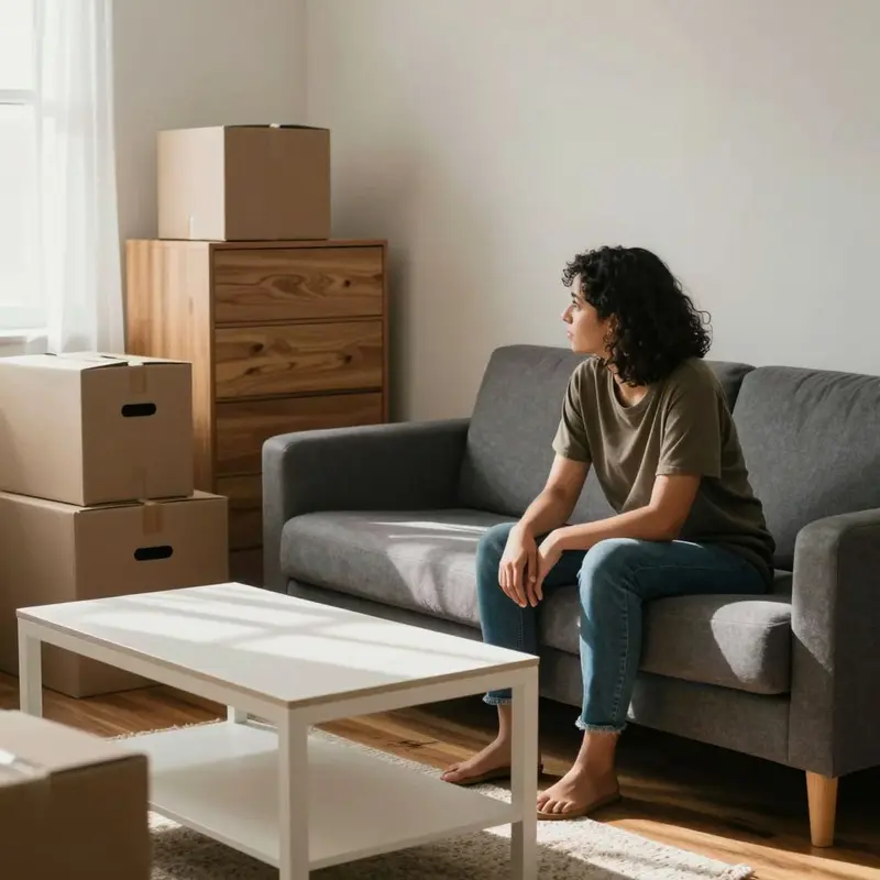 Renter comparing bulky solid-wood furniture with compact modular pieces in a small apartment.