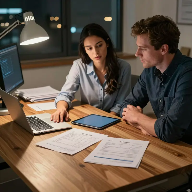 Two founders compare printed invoices and a closed laptop while considering rising AI tool costs.