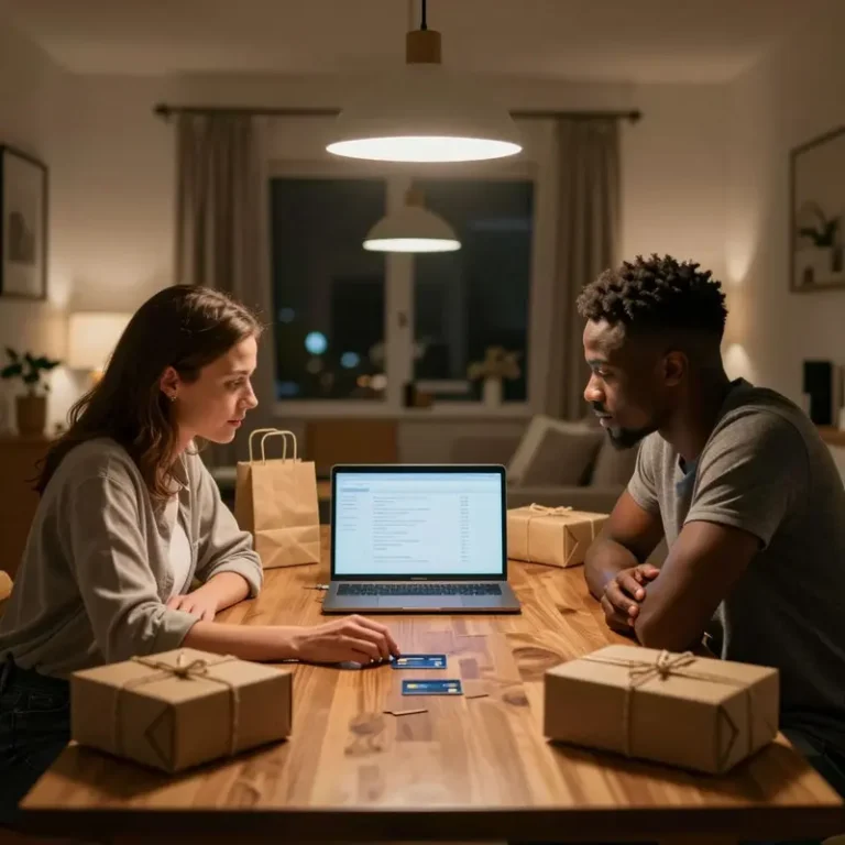 Two people seated at a dining table with cards and parcels, examining online purchases for digital payment hidden fees.
