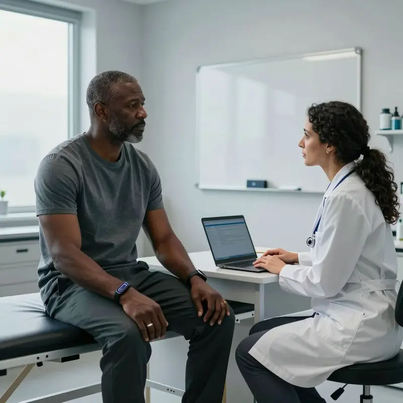A patient and clinician sit together in a bright exam room, framed by multiple diagnostic wearables.