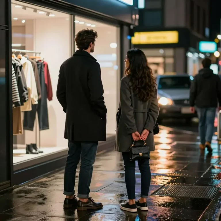 Millennial couple standing on a city sidewalk at night outside a bright store, holding back from going in and showing careful discipline shopping habits.