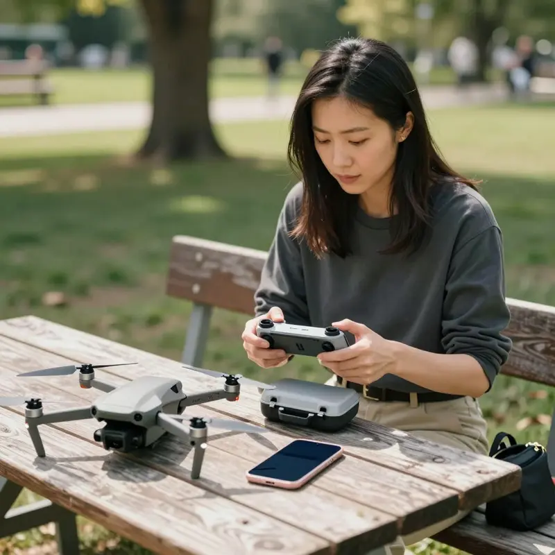 A drone hobbyist reviews her DJI gear kit on a park bench before flying.