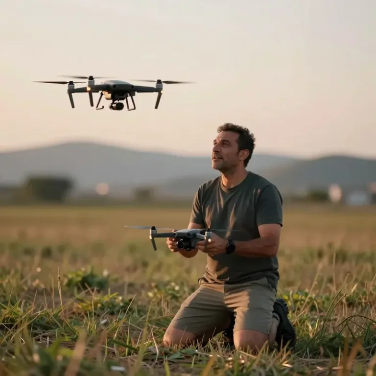 Hobby pilot in a field setting up a DJI drone on the ground despite fears of an FCC drone ban for hobbyists.