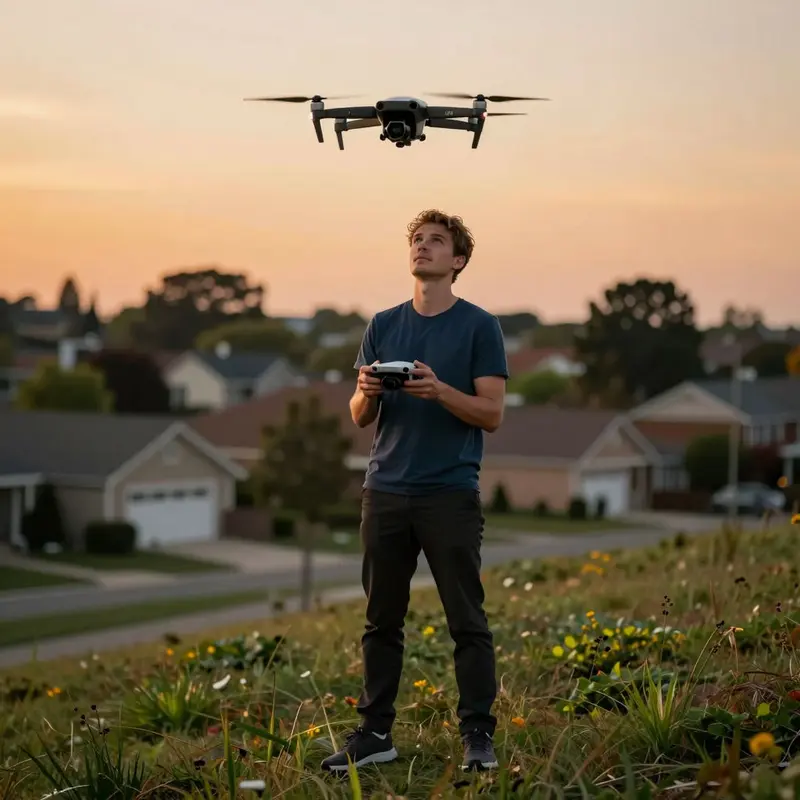 A hobby pilot flies a DJI drone calmly over a quiet neighborhood at sunset.