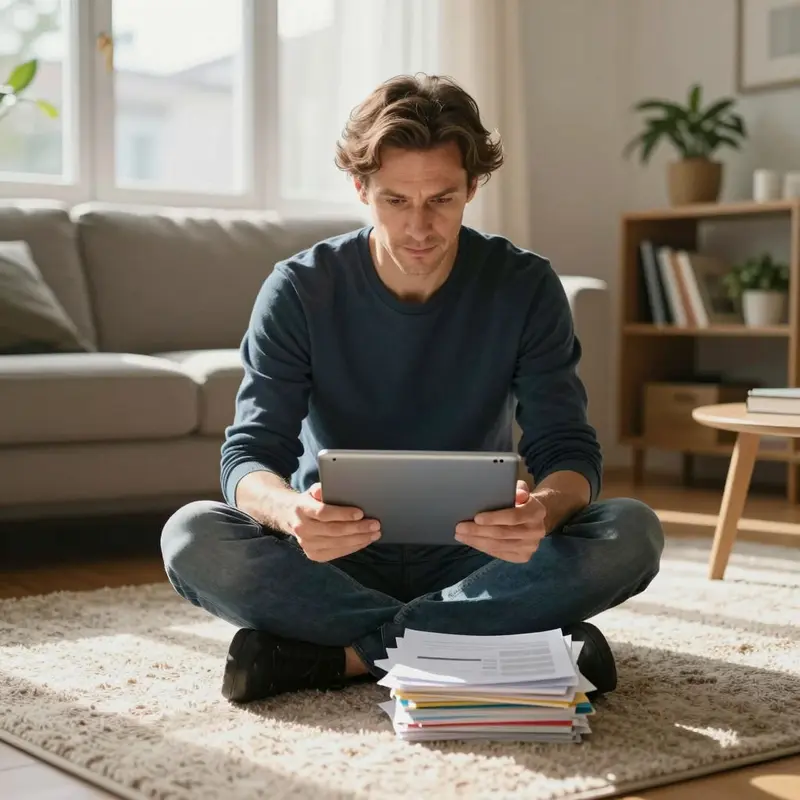 A solo seller sits on a rug holding a tablet while reflecting on overall net worth.