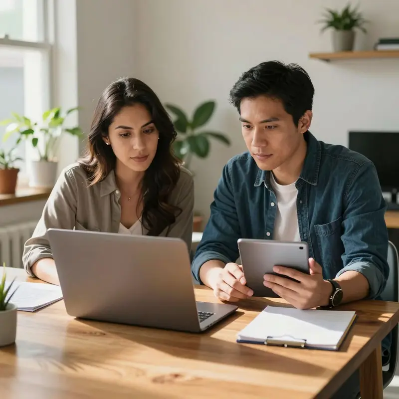 Two users calmly review their devices together, proactively adjusting AI memory settings.