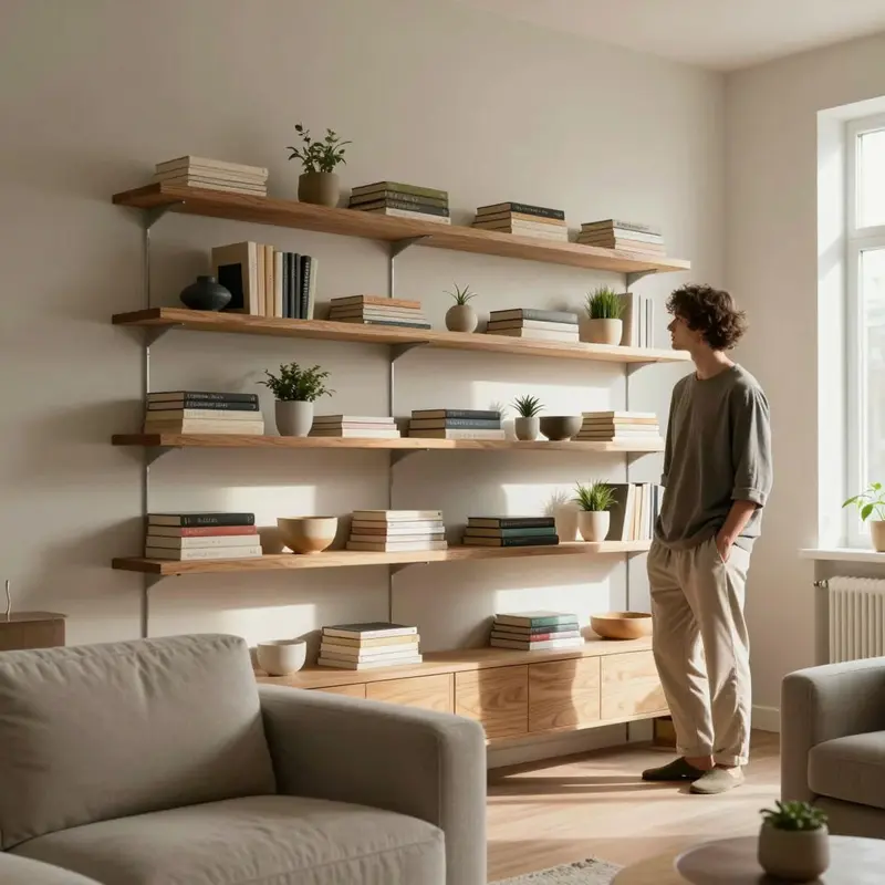 Floating wooden shelves add calm, vertical storage in a bright renter apartment.