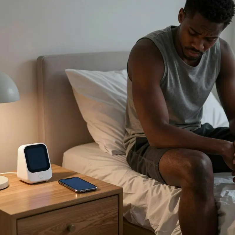 A user sits on the bed, frustrated with a subscription-based smart sleep device on the nightstand.