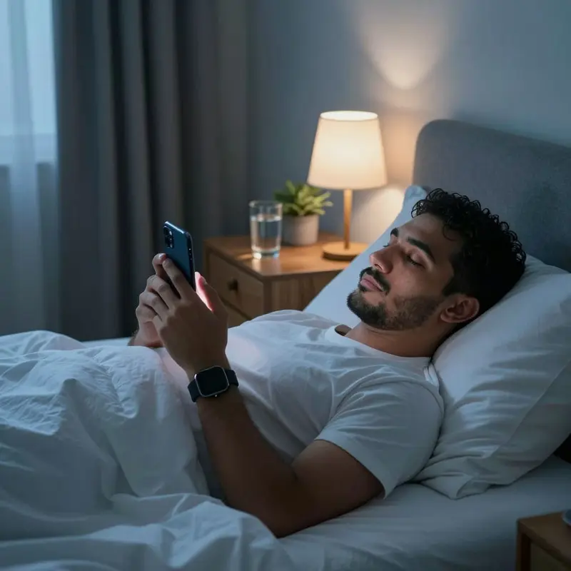 A man drifts toward sleep with his phone resting on his chest, as AI quietly manages his wellness routines.
