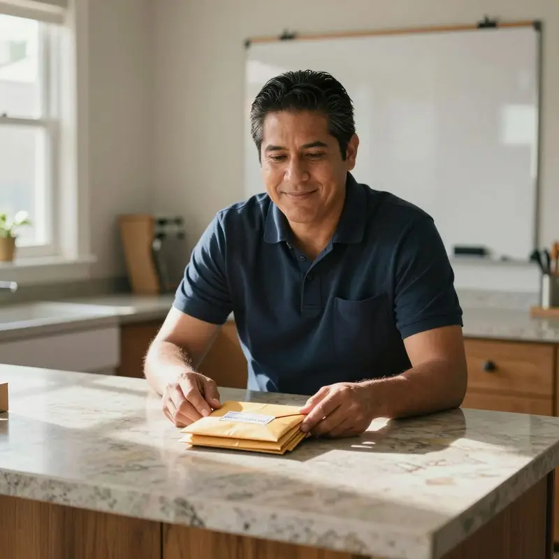 A solo seller holds a stack of cash envelopes while organizing uneven income at a kitchen island.