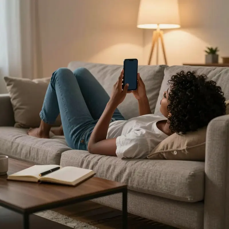 A woman on her sofa studies her phone, ready to turn her spending patterns into useful feedback.