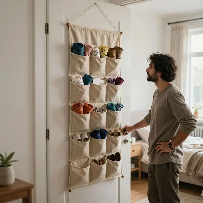 A hemp and linen hanging organizer turns a blank bedroom door into vertical storage.