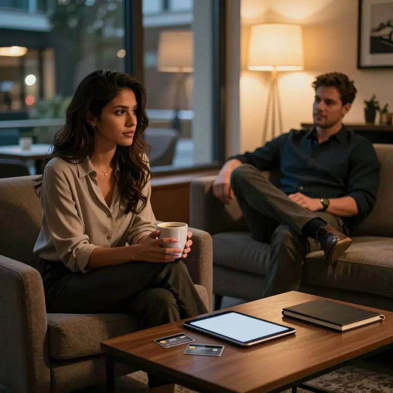 Travelers relax in a hotel lounge with two premium travel cards on the table between them.