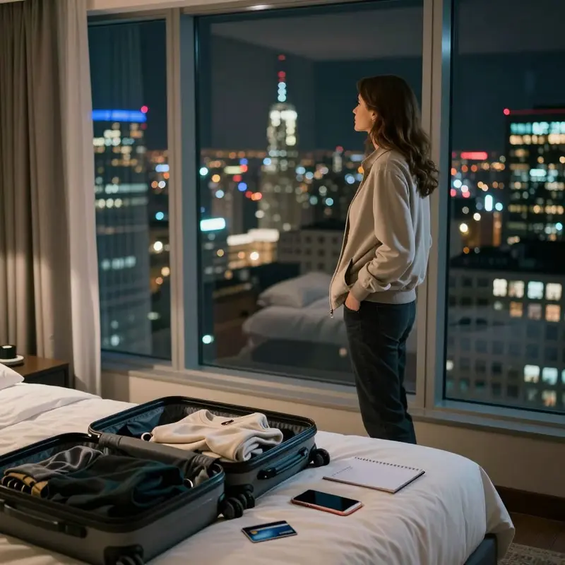 A traveler in a hotel room looks out at the city lights with travel cards ready on the bedside table.
