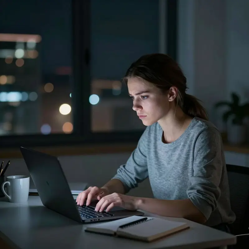 A late-night user quietly studies her laptop, sensing something wrong with her AI assistant’s behavior.