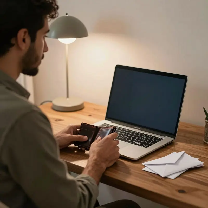 A man at his desk holds his wallet, preparing to set firm budget guardrails around his spending.