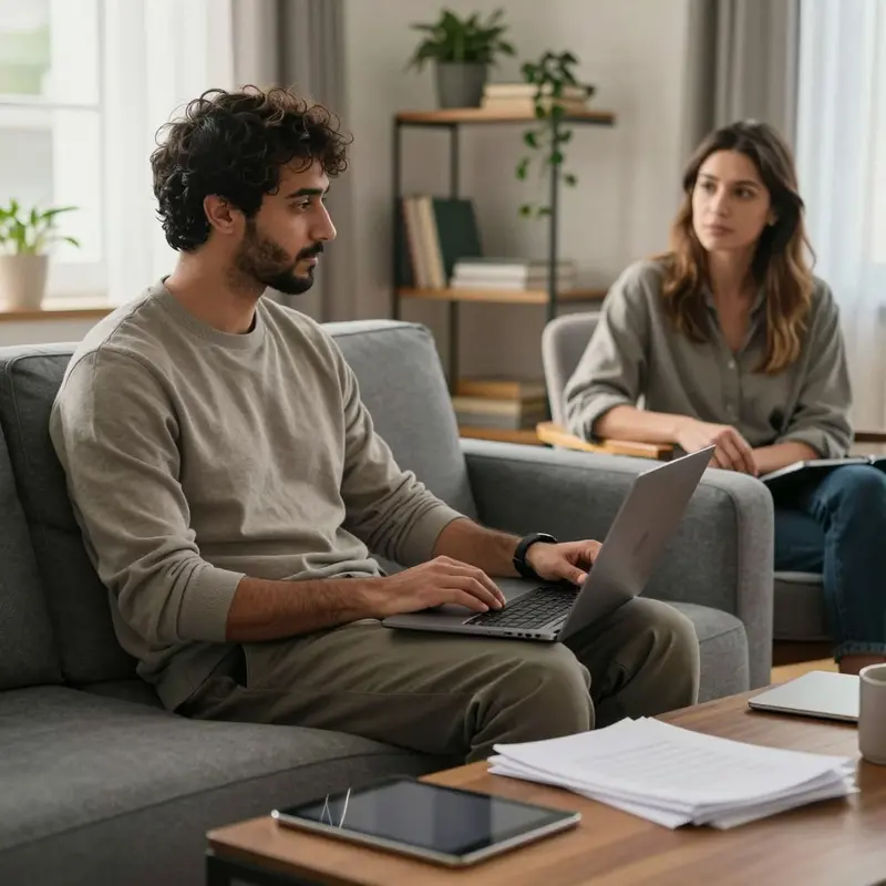 A founder on a sofa holds a closed laptop while considering how AI setup will affect time.
