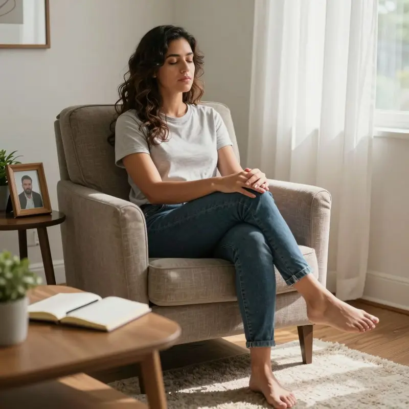 A woman quietly reflects in her living room, aligning her spending habits with her personal values.