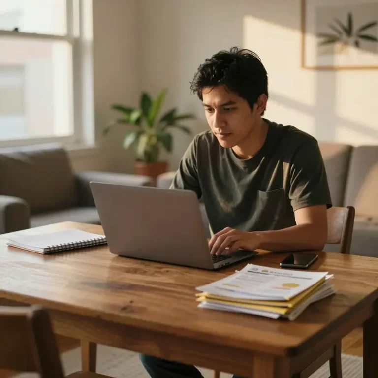 A solo seller at a small apartment table with a closed laptop and phone, reflecting practical budgeting tips for solo sellers managing money alone.