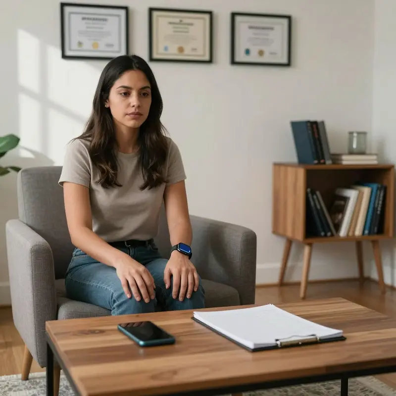 A woman waits in a calm, clinical office with her devices set aside, contrasting wellness branding with real-world care.