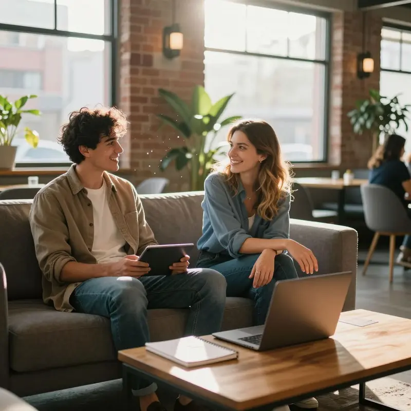 Young professionals relax in a bright co-working lounge as they consider new budgeting habits.