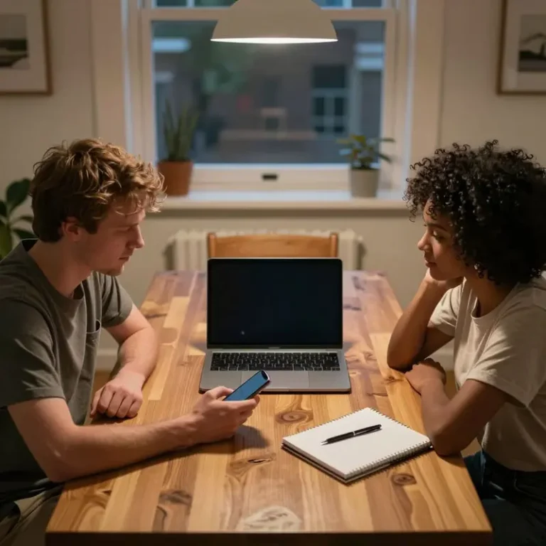 Two millennials at a wooden table holding phones beside a dark laptop, suggesting they rely on bank synced budgeting apps.