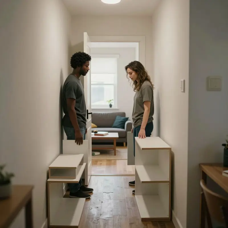 Roommates easily maneuver modular furniture pieces through a tight apartment hallway.