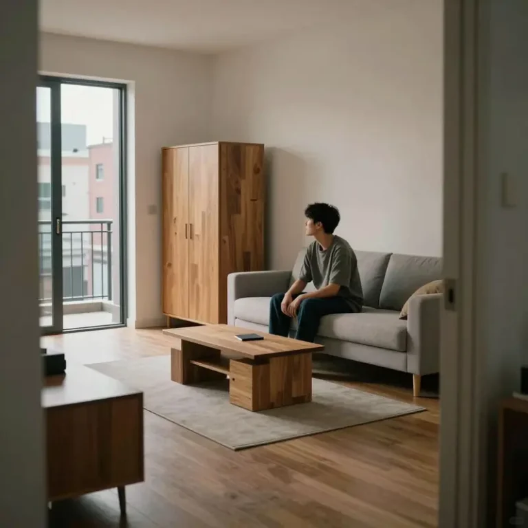 Asian renter in a small apartment living room sitting on modular furniture for small apartments with a large solid-wood armoire crowding the corner.