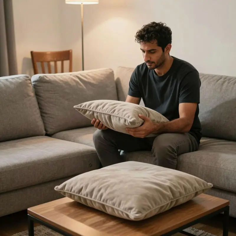 Renter swapping a worn part on a modular sofa while an old solid-wood chair sits in the background.