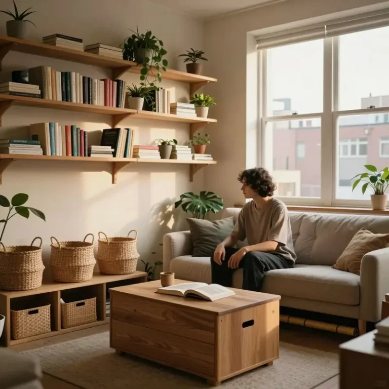 Small apartment living room featuring natural storage ideas for renters like floating wooden shelves, baskets, and a storage ottoman.