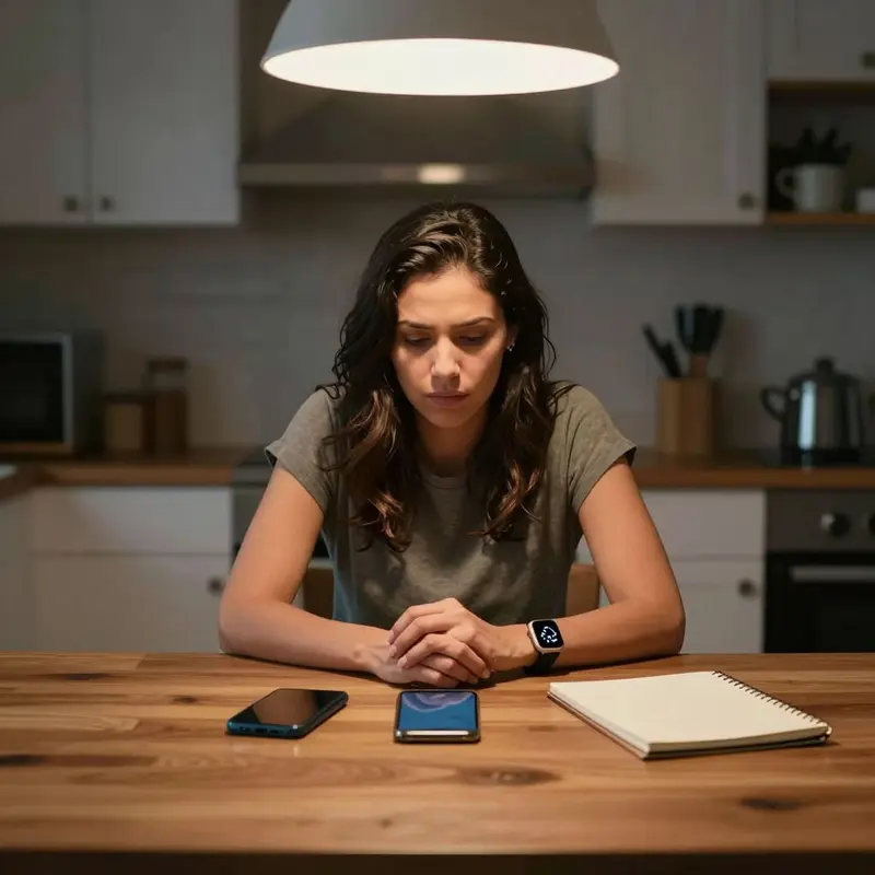 A woman sits at her kitchen table, quietly weighing the privacy risks of her wearable health devices.