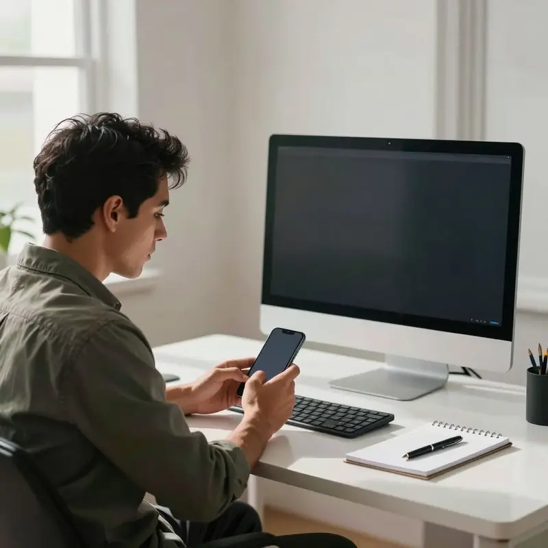 A shopper checks payment details on a phone before completing an online purchase.