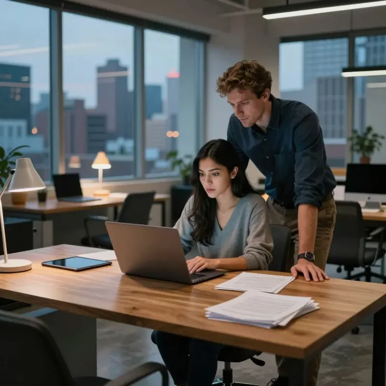 Two founders in a startup office focused on one laptop while other devices sit aside, reflecting on QuickBooks AI vs AI budgeting tools.