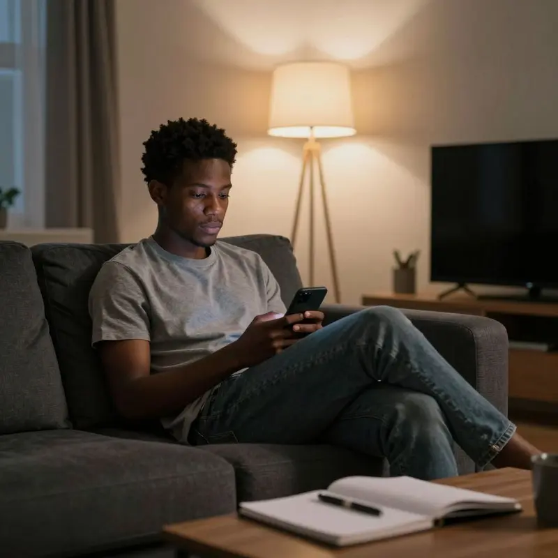 A solo earner reviews upcoming money on a sofa in a softly lit living room.