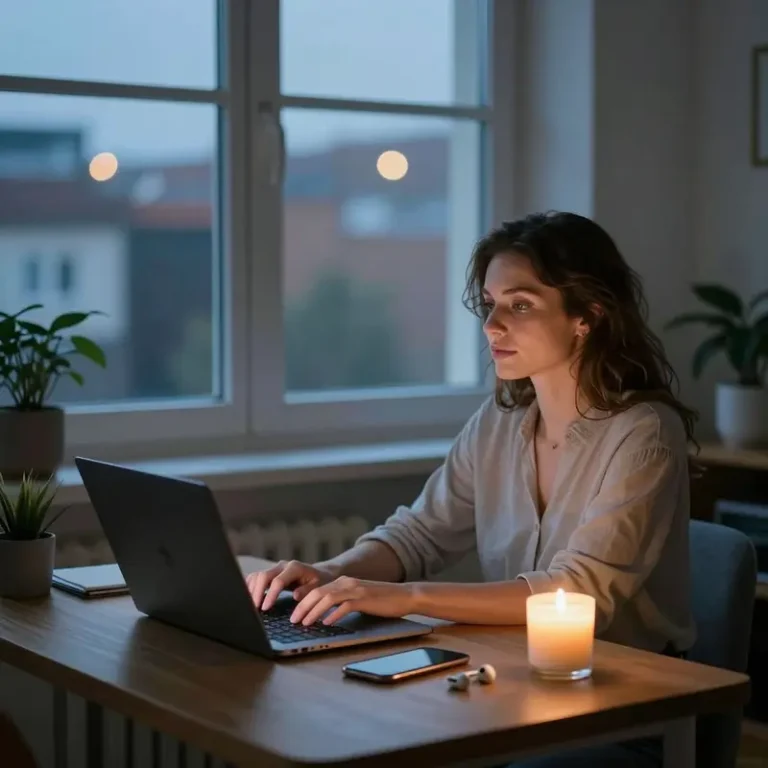 A woman sits at a neat desk with her closed laptop and phone set aside, using fewer wellness apps to reduce decision fatigue and feel calmer.