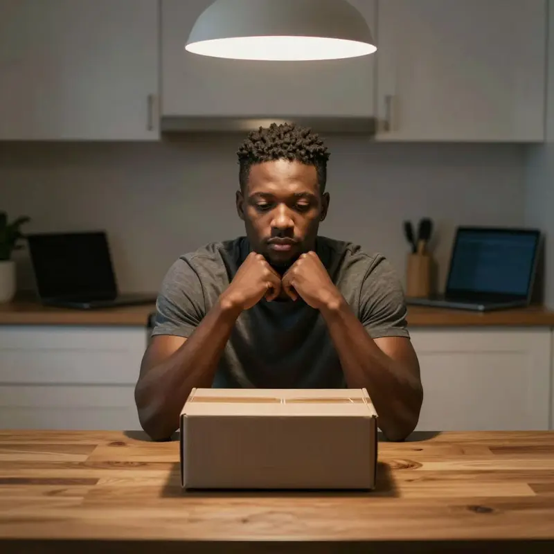 A man pauses before opening a package, reflecting on the impulse behind the purchase.