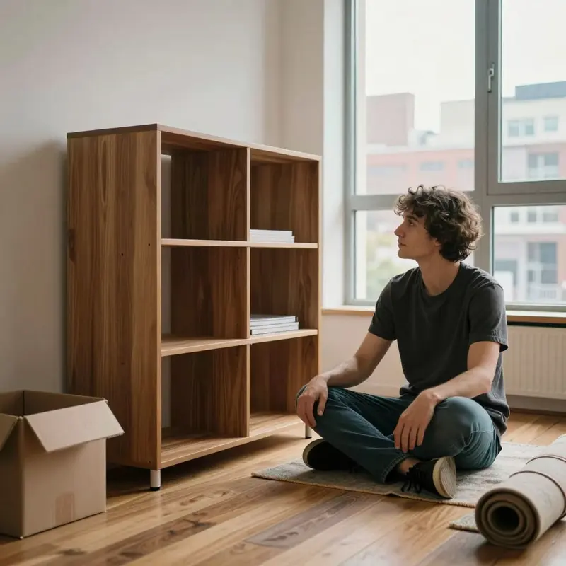 Renter in a studio apartment weighing modular shelving against a bulky solid-wood cabinet.