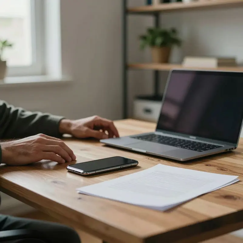 A solo earner pauses at a home office desk before tackling recurring bills.