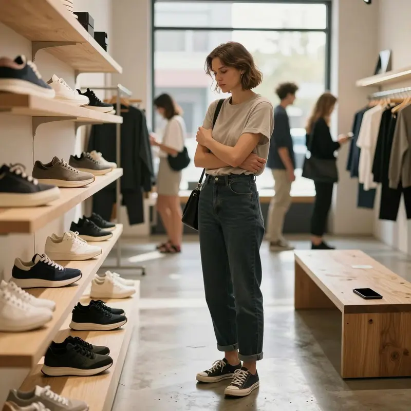 A shopper pauses in a boutique, giving herself space to let an impulse cool before buying.